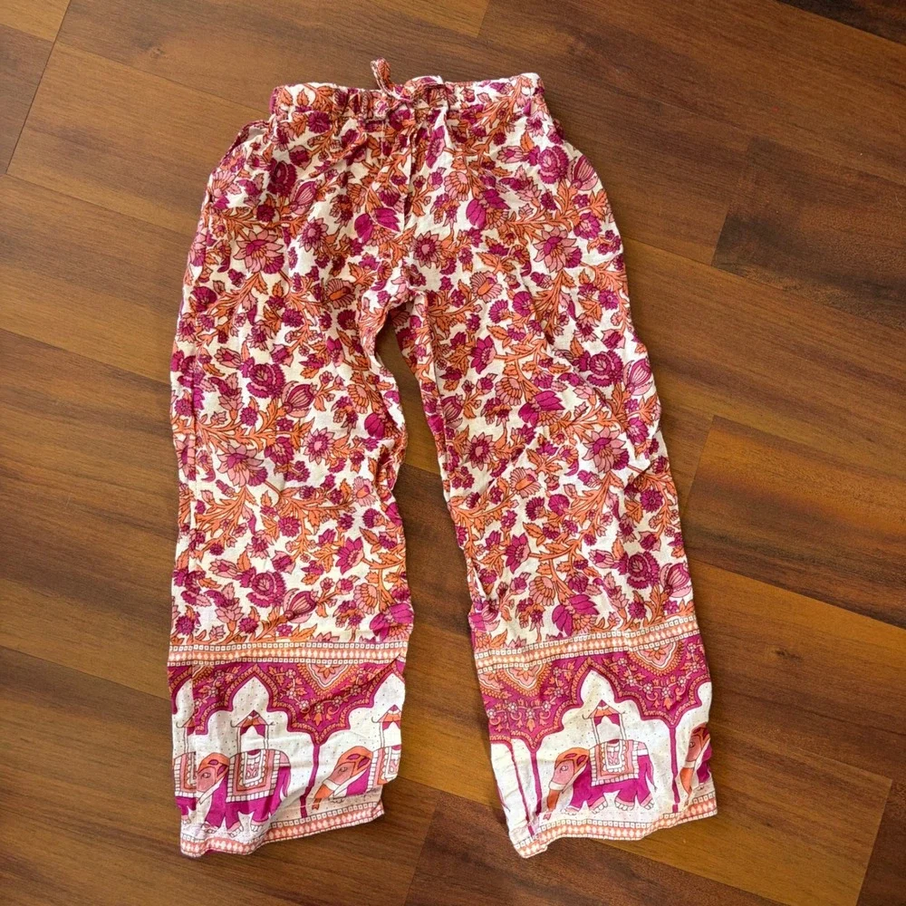 Sgt Fletcher Kids XS 2/3 Pink Orange Floral Elephant Print Cotton Boho Pants
